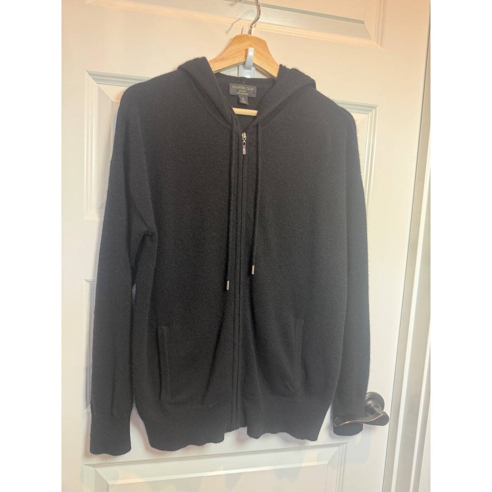 Charter Club Luxury Black 100% Cashmere Full Zip Hoodie Sweater Womens Medium